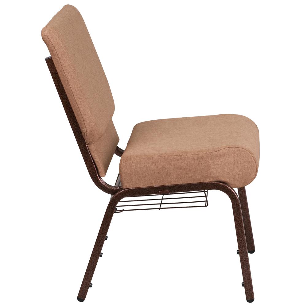 21''W Church Chair in Caramel Fabric with Cup Book Rack - Copper Vein Frame. Picture 2