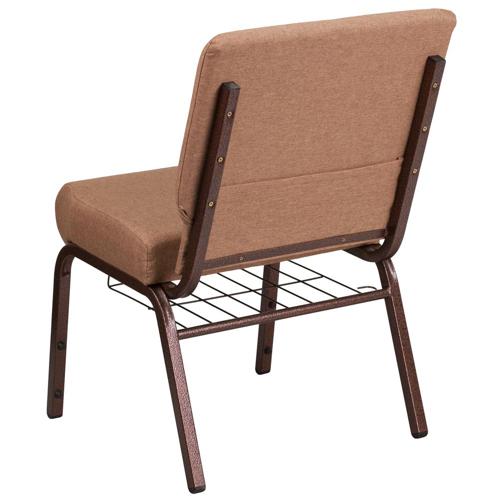 21''W Church Chair in Caramel Fabric with Cup Book Rack - Copper Vein Frame. Picture 3