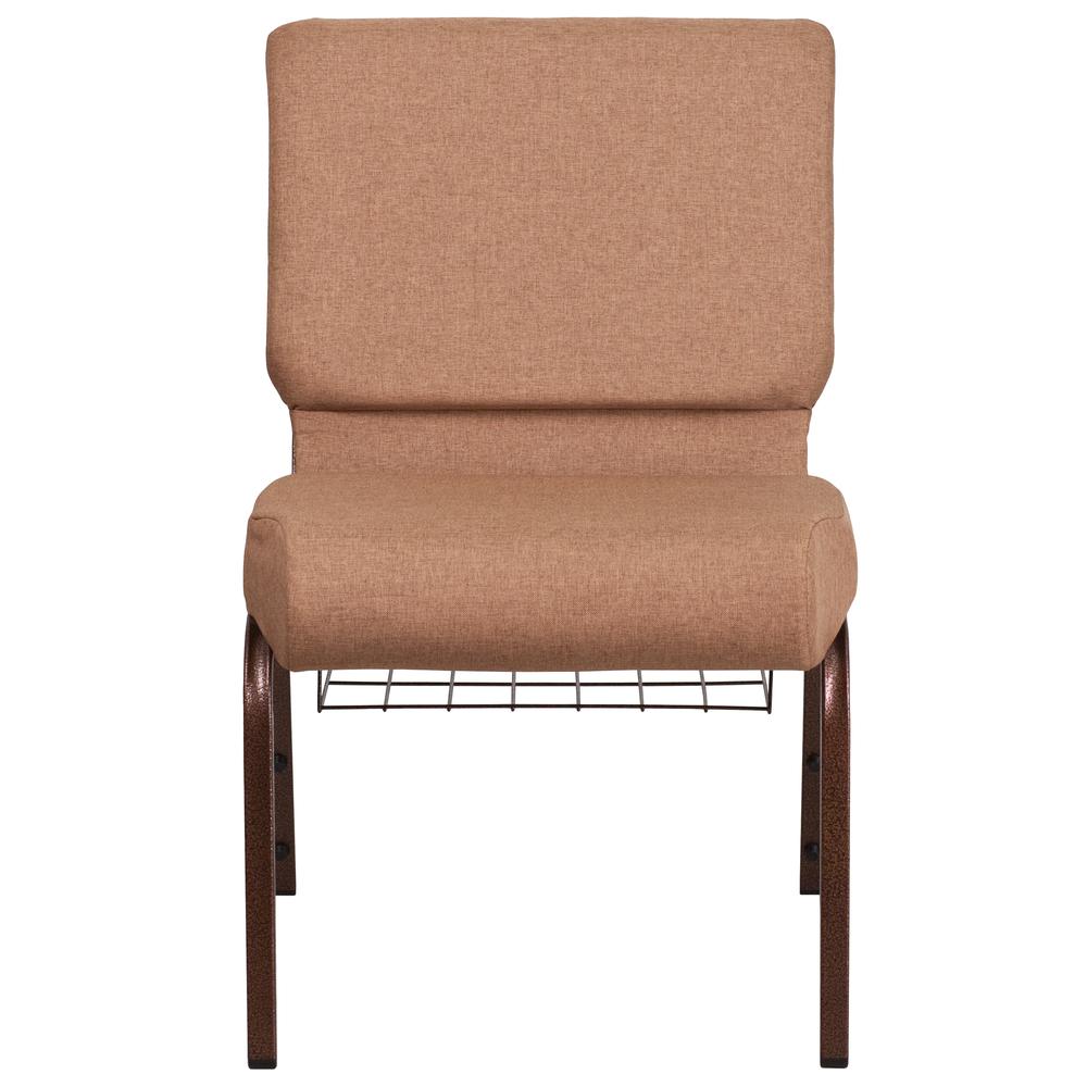 21''W Church Chair in Caramel Fabric with Cup Book Rack - Copper Vein Frame. Picture 5