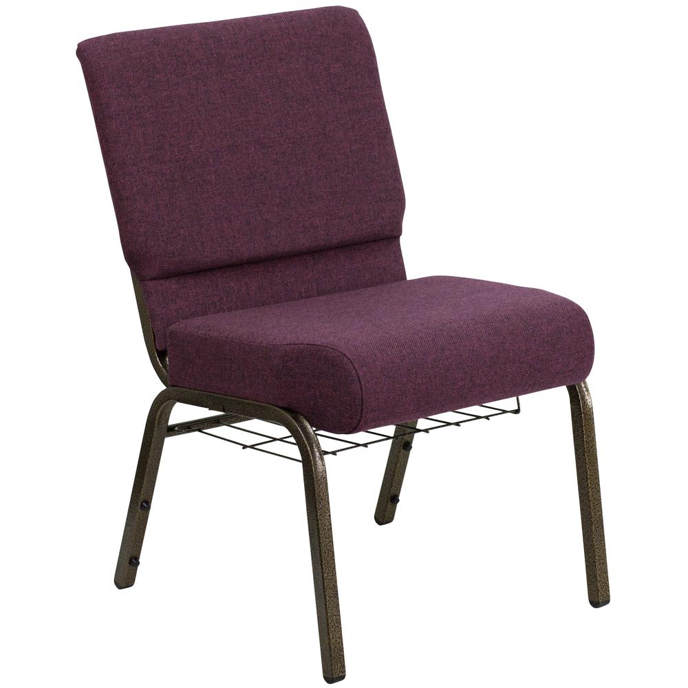 HERCULES Series 21''W Church Chair in Plum Fabric with Cup Book Rack - Gold Vein Frame. The main picture.