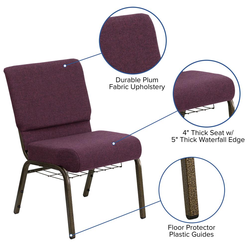21''W Church Chair in Plum Fabric with Cup Book Rack - Gold Vein Frame. Picture 6