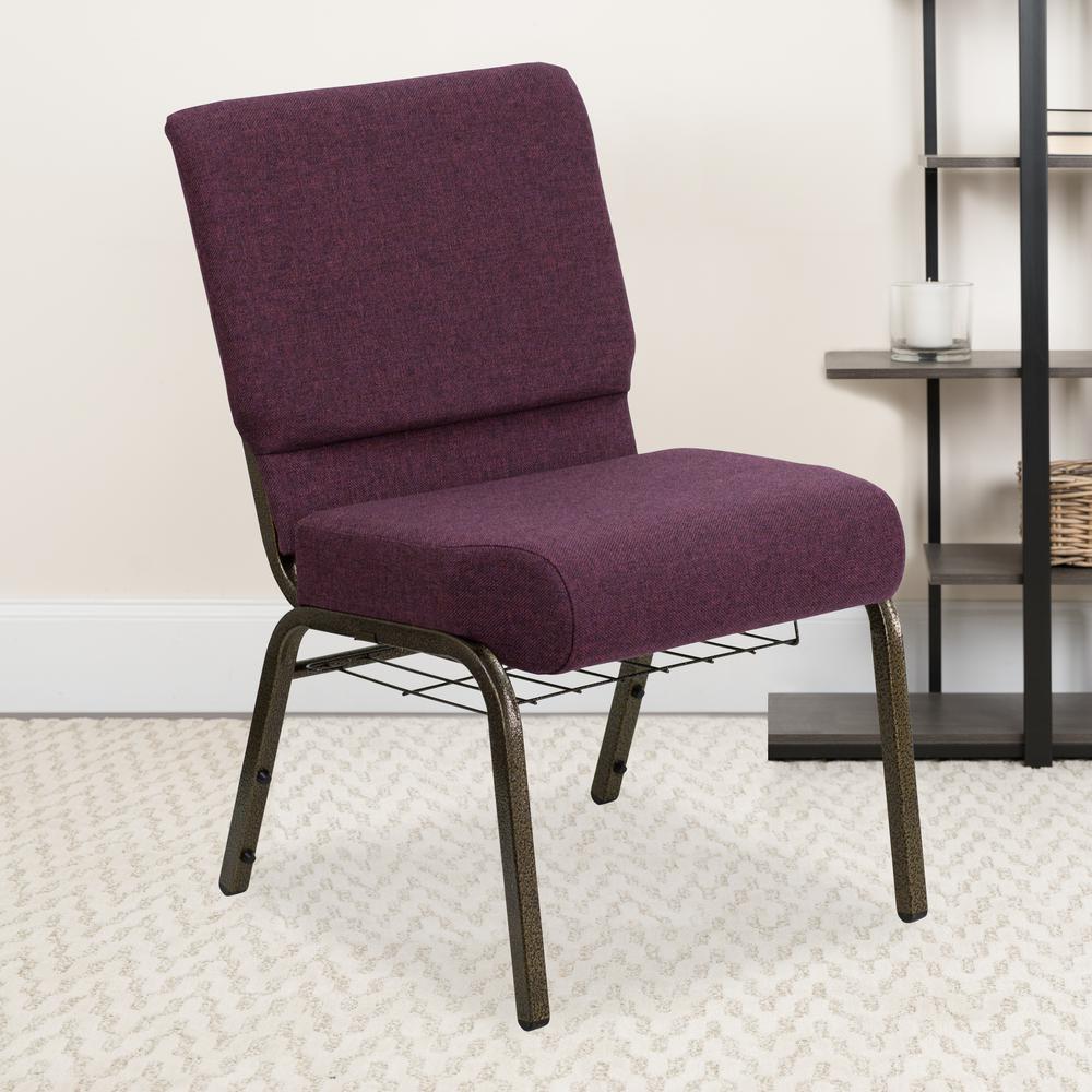 21''W Church Chair in Plum Fabric with Cup Book Rack - Gold Vein Frame. Picture 9