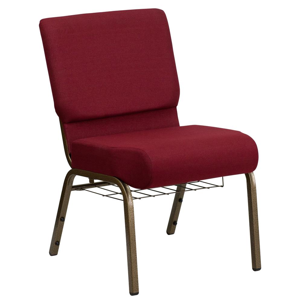 21''W Church Chair in Burgundy Fabric with Cup Book Rack - Gold Vein Frame. Picture 1