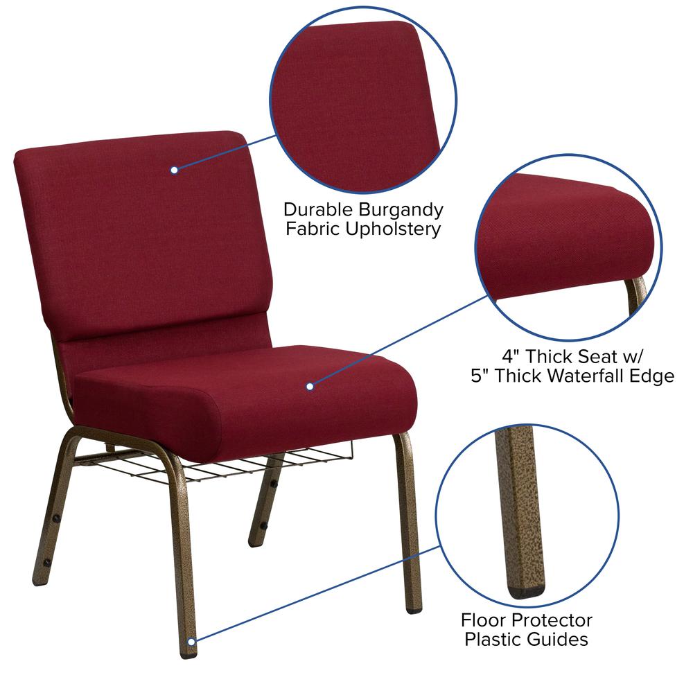 21''W Church Chair in Burgundy Fabric with Cup Book Rack - Gold Vein Frame. Picture 6