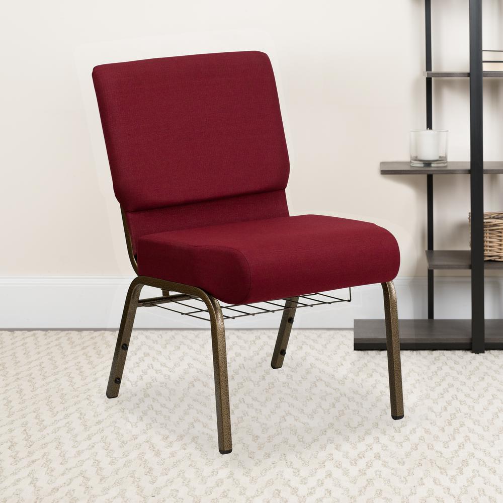21''W Church Chair in Burgundy Fabric with Cup Book Rack - Gold Vein Frame. Picture 9
