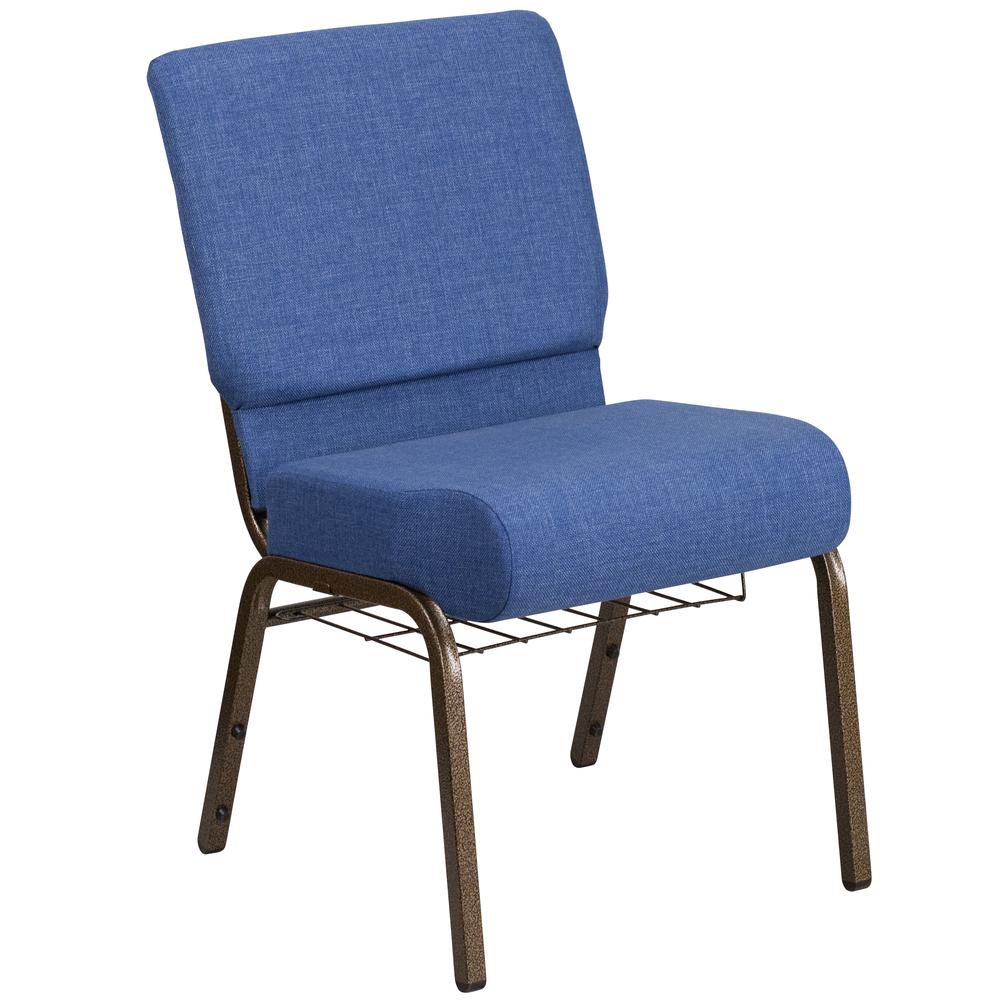 21''W Church Chair in Blue Fabric with Cup Book Rack - Gold Vein Frame. Picture 1