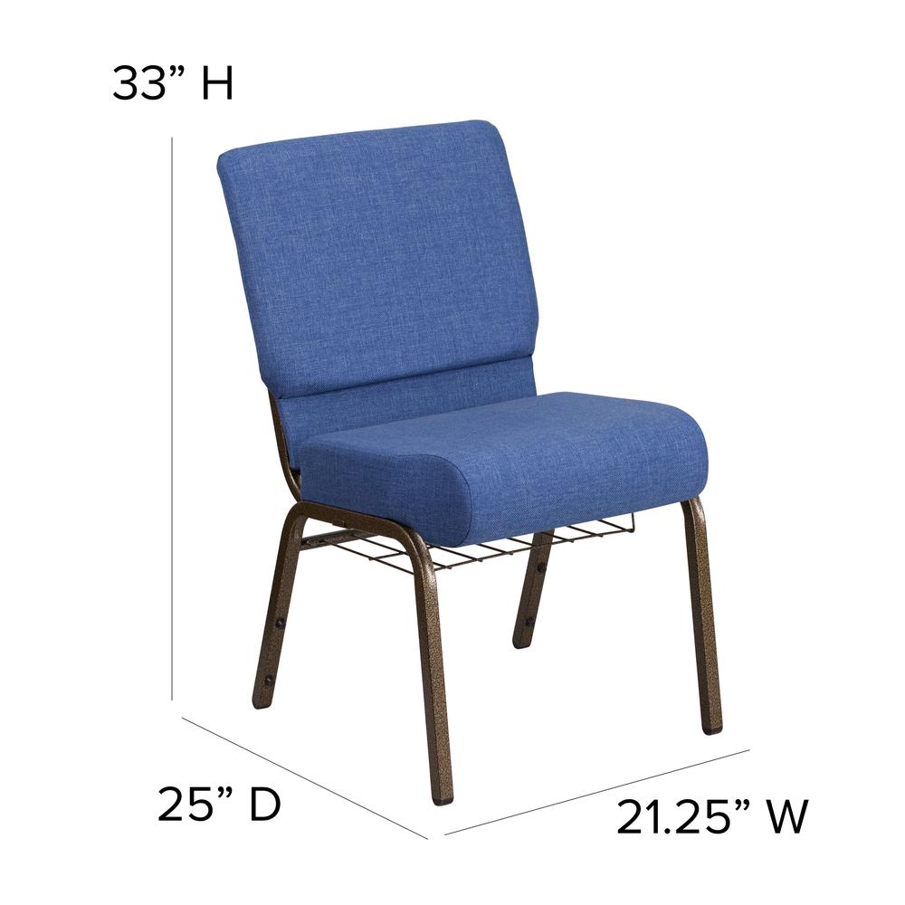 21''W Church Chair in Blue Fabric with Cup Book Rack - Gold Vein Frame. Picture 2