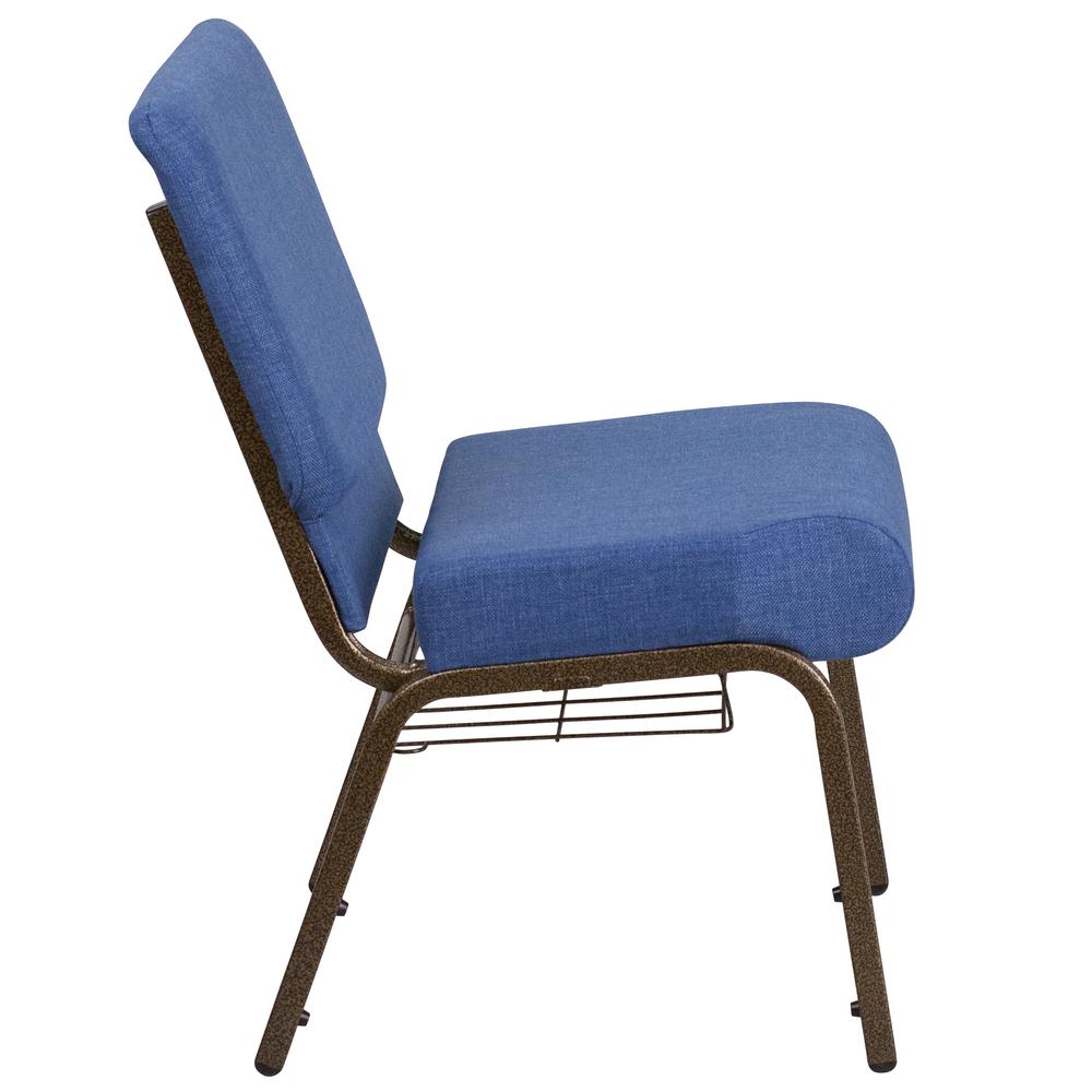 21''W Church Chair in Blue Fabric with Cup Book Rack - Gold Vein Frame. Picture 2