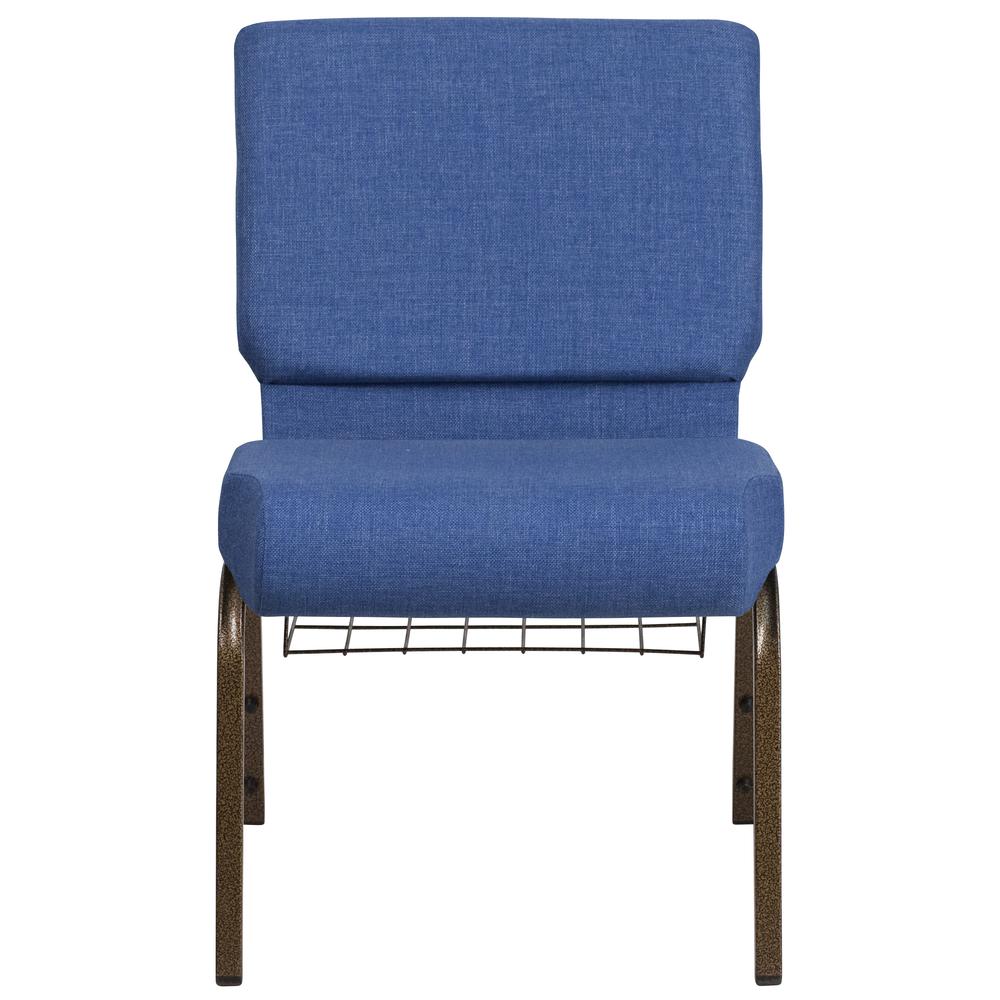 21''W Church Chair in Blue Fabric with Cup Book Rack - Gold Vein Frame. Picture 4