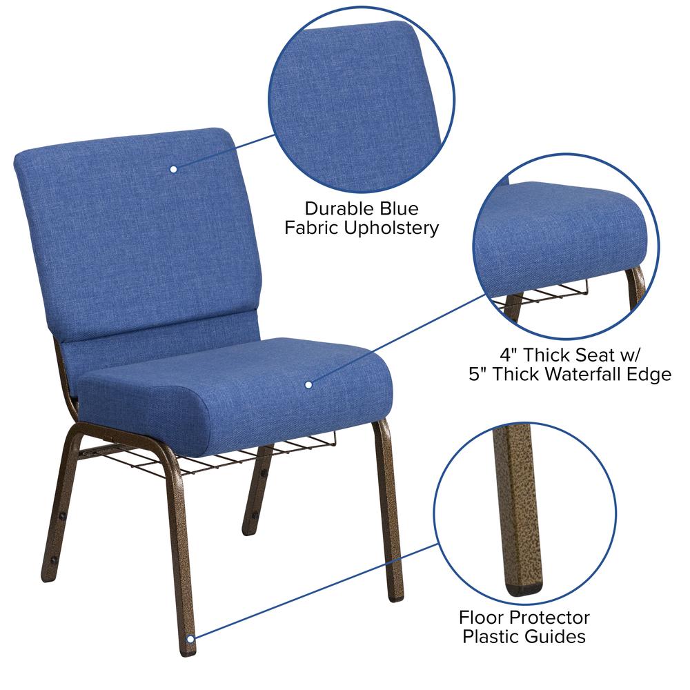 21''W Church Chair in Blue Fabric with Cup Book Rack - Gold Vein Frame. Picture 6