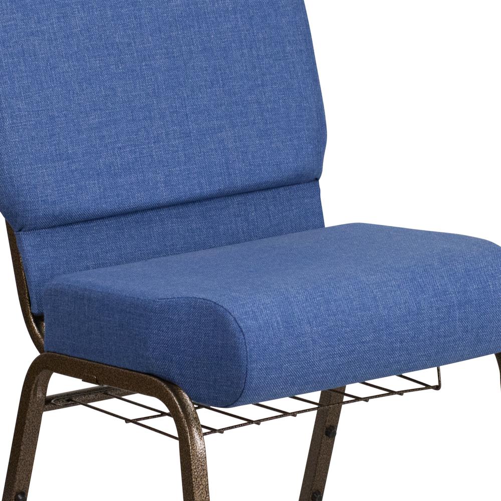 21''W Church Chair in Blue Fabric with Cup Book Rack - Gold Vein Frame. Picture 7