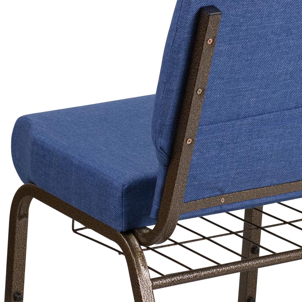 21''W Church Chair in Blue Fabric with Cup Book Rack - Gold Vein Frame. Picture 8
