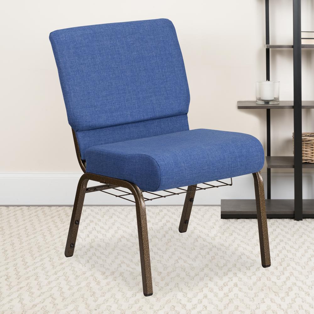 21''W Church Chair in Blue Fabric with Cup Book Rack - Gold Vein Frame. Picture 9