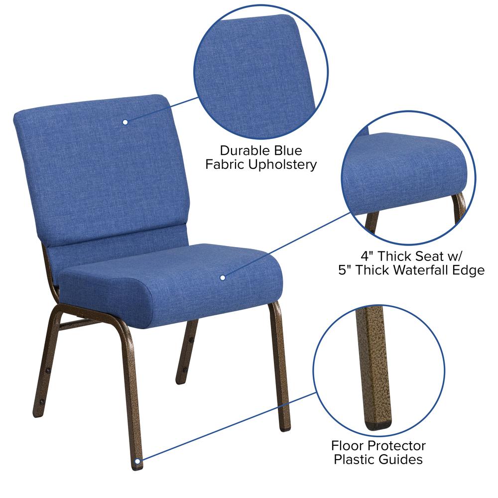 21''W Stacking Church Chair in Blue Fabric - Gold Vein Frame. Picture 6