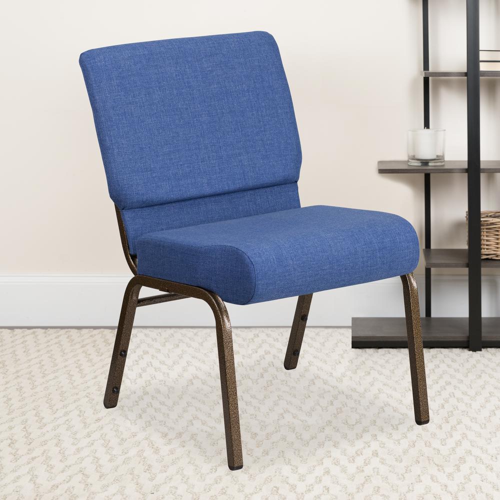 21''W Stacking Church Chair in Blue Fabric - Gold Vein Frame. Picture 9