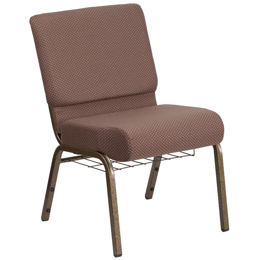 21''W Church Chair in Brown Dot Fabric with Book Rack - Gold Vein Frame. Picture 1