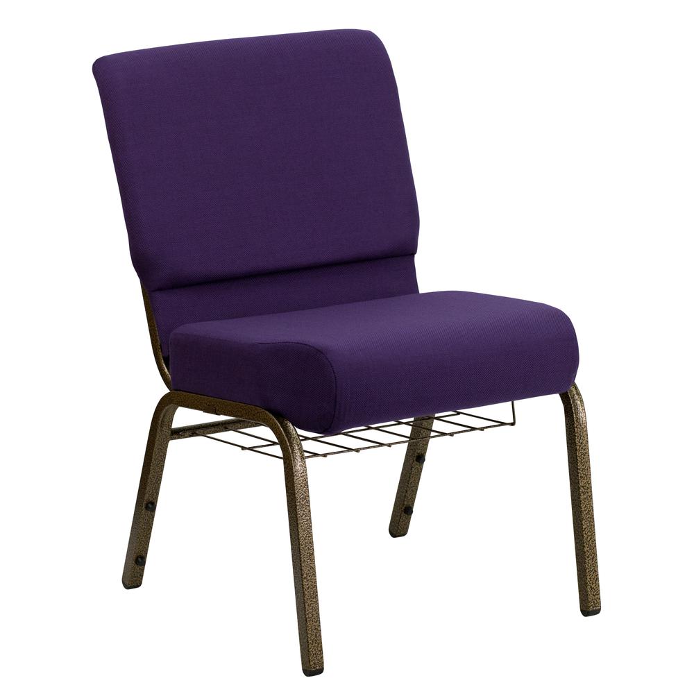 21''W Church Chair in Royal Purple Fabric with Cup Book Rack - Gold Vein Frame. Picture 1