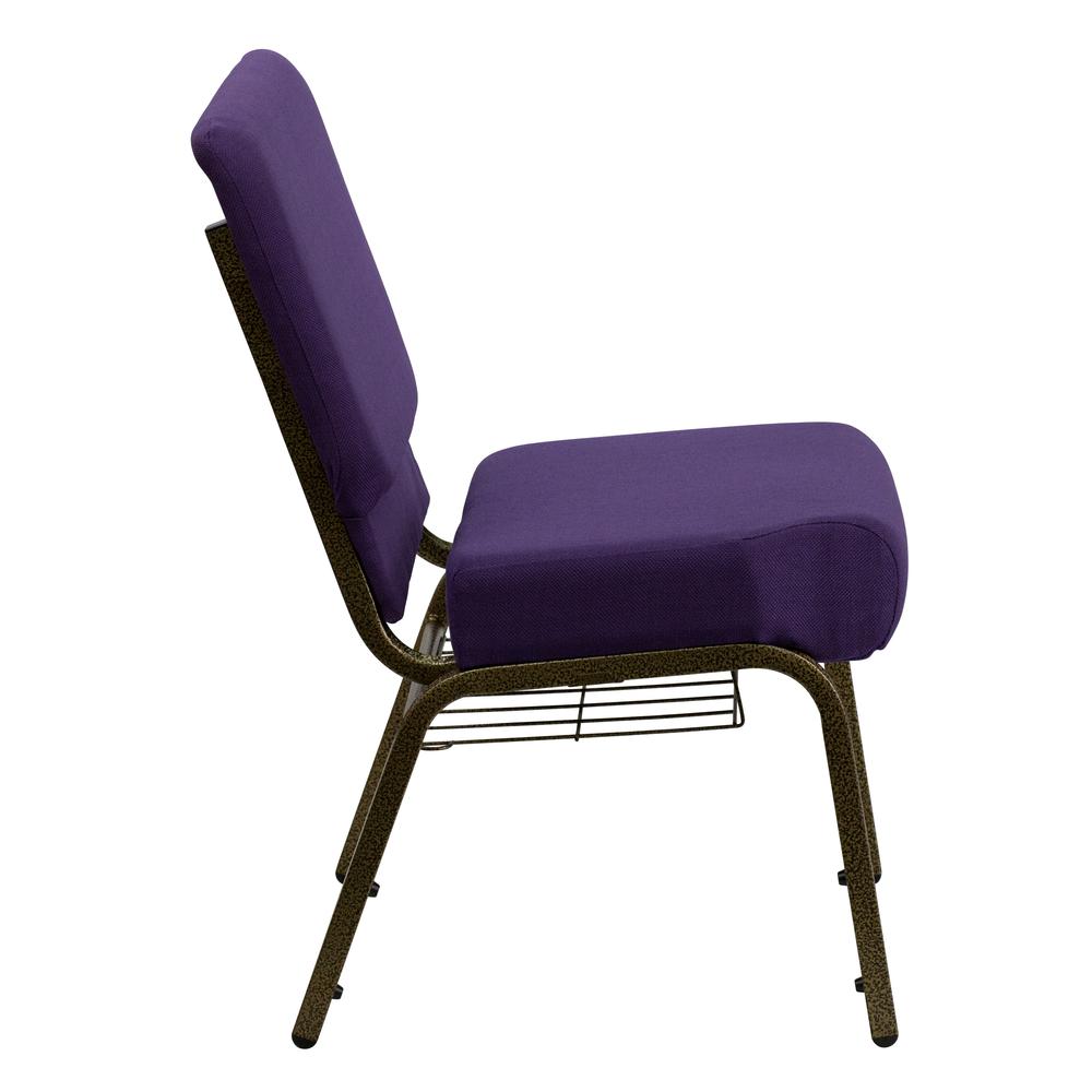 21''W Church Chair in Royal Purple Fabric with Cup Book Rack - Gold Vein Frame. Picture 3