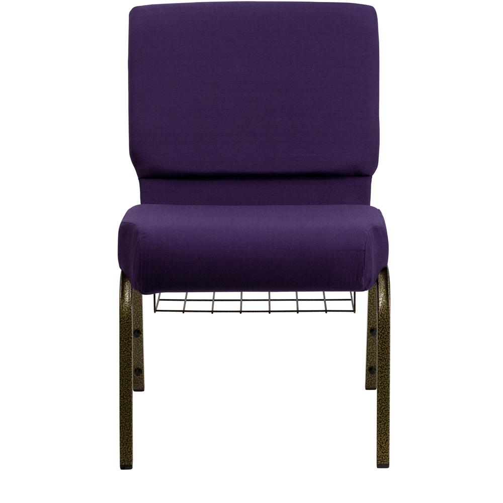 21''W Church Chair in Royal Purple Fabric with Cup Book Rack - Gold Vein Frame. Picture 4
