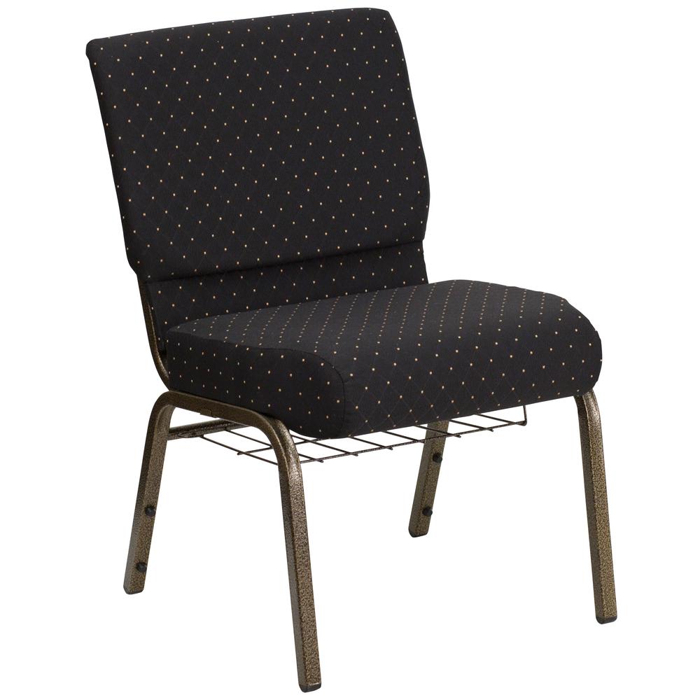 21''W Church Chair in Black Dot Fabric with Cup Book Rack - Gold Vein Frame. Picture 1