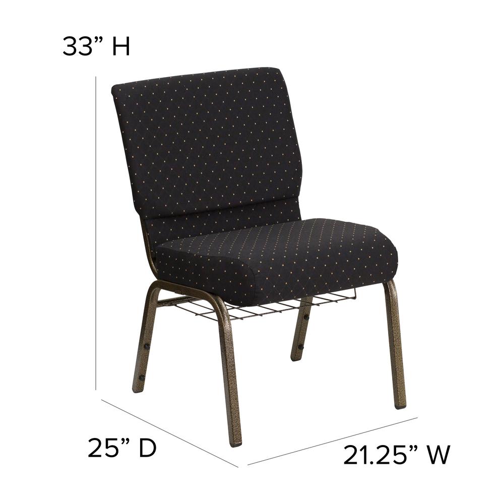 21''W Church Chair in Black Dot Patterned Fabric with Cup Book Rack - Gold Vein Frame. Picture 2