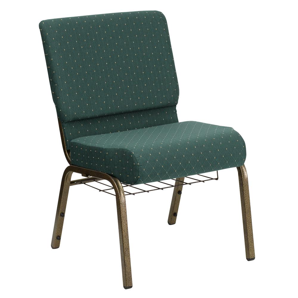 21''W Church Chair in Hunter Green Dot Patterned Fabric with Book Rack - Gold Vein Frame. Picture 1