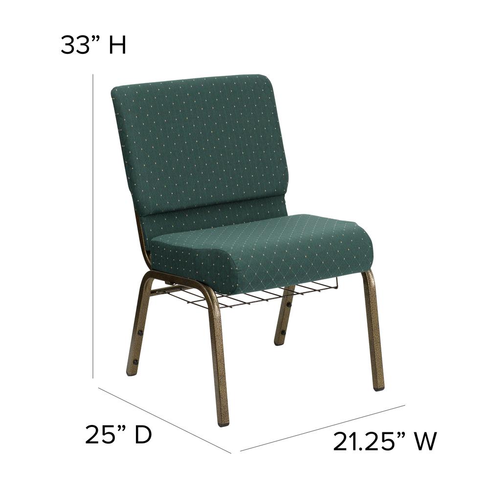 21''W Church Chair in Hunter Green Dot Patterned Fabric with Book Rack - Gold Vein Frame. Picture 2