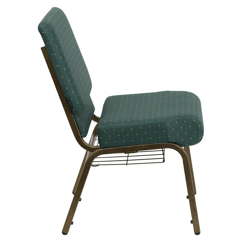 21''W Church Chair in Hunter Green Dot Patterned Fabric with Book Rack - Gold Vein Frame. Picture 3