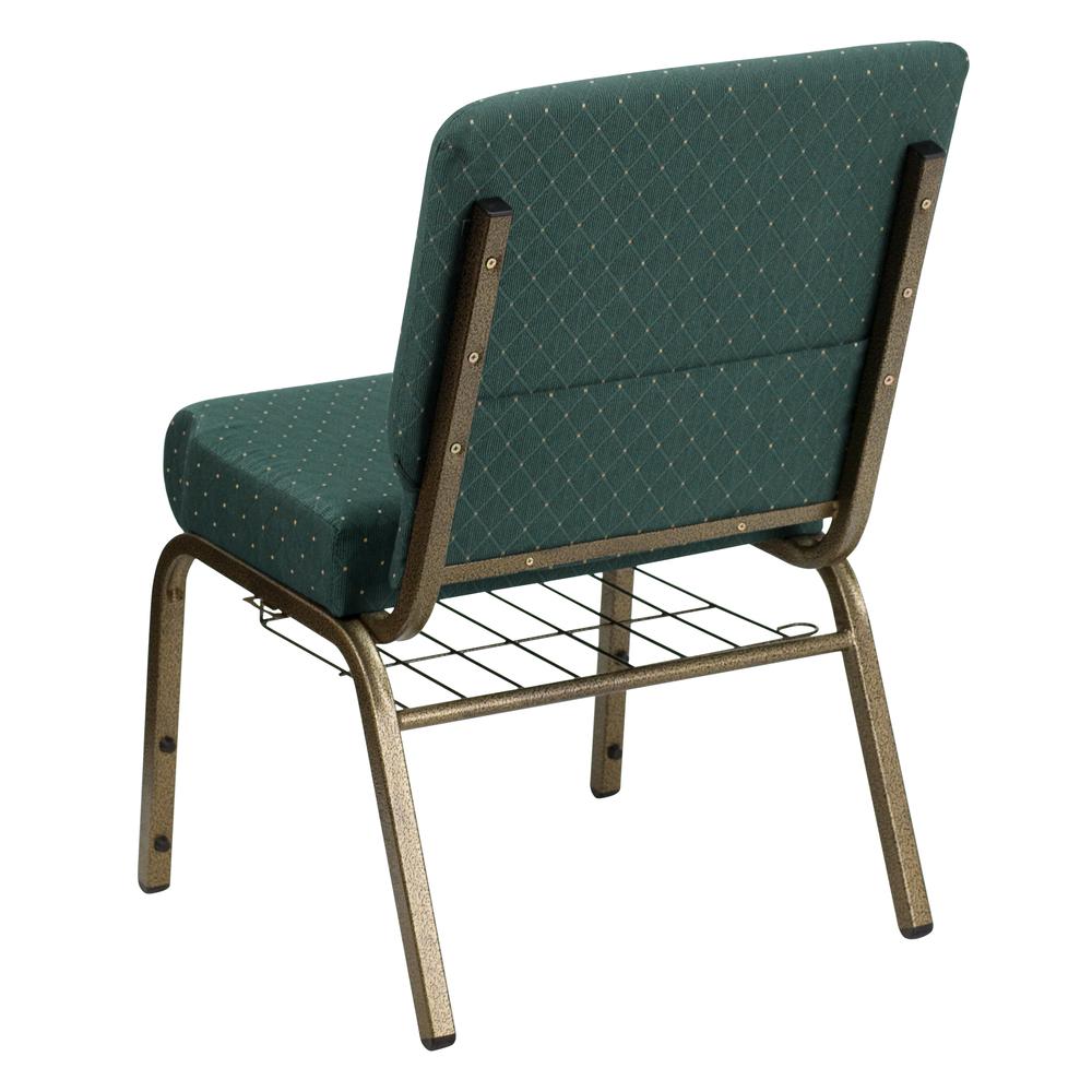 21''W Church Chair in Hunter Green Dot Fabric with Book Rack - Gold Vein Frame. Picture 3