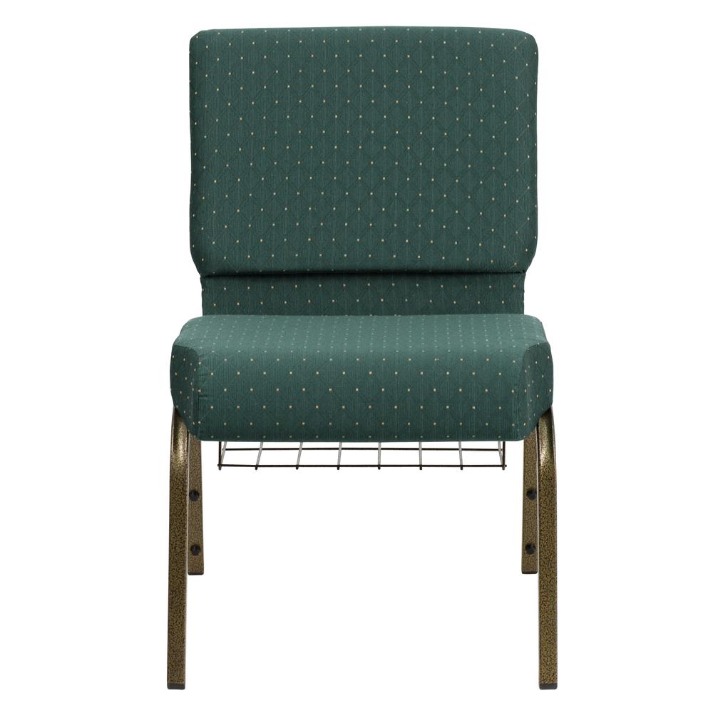 21''W Church Chair in Hunter Green Dot Fabric with Book Rack - Gold Vein Frame. Picture 4