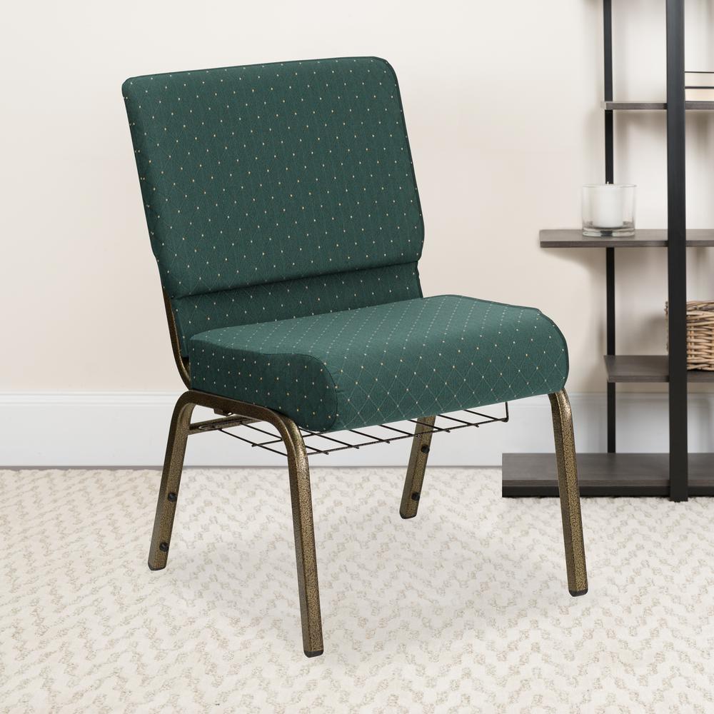 21''W Church Chair in Hunter Green Dot Patterned Fabric with Book Rack - Gold Vein Frame. Picture 6