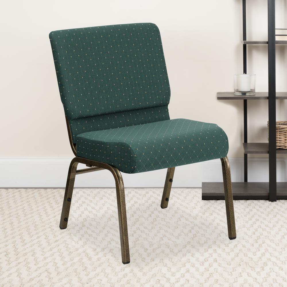 21''W Stacking Church Chair in Hunter Green Dot Patterned Fabric - Gold Vein Frame. Picture 8