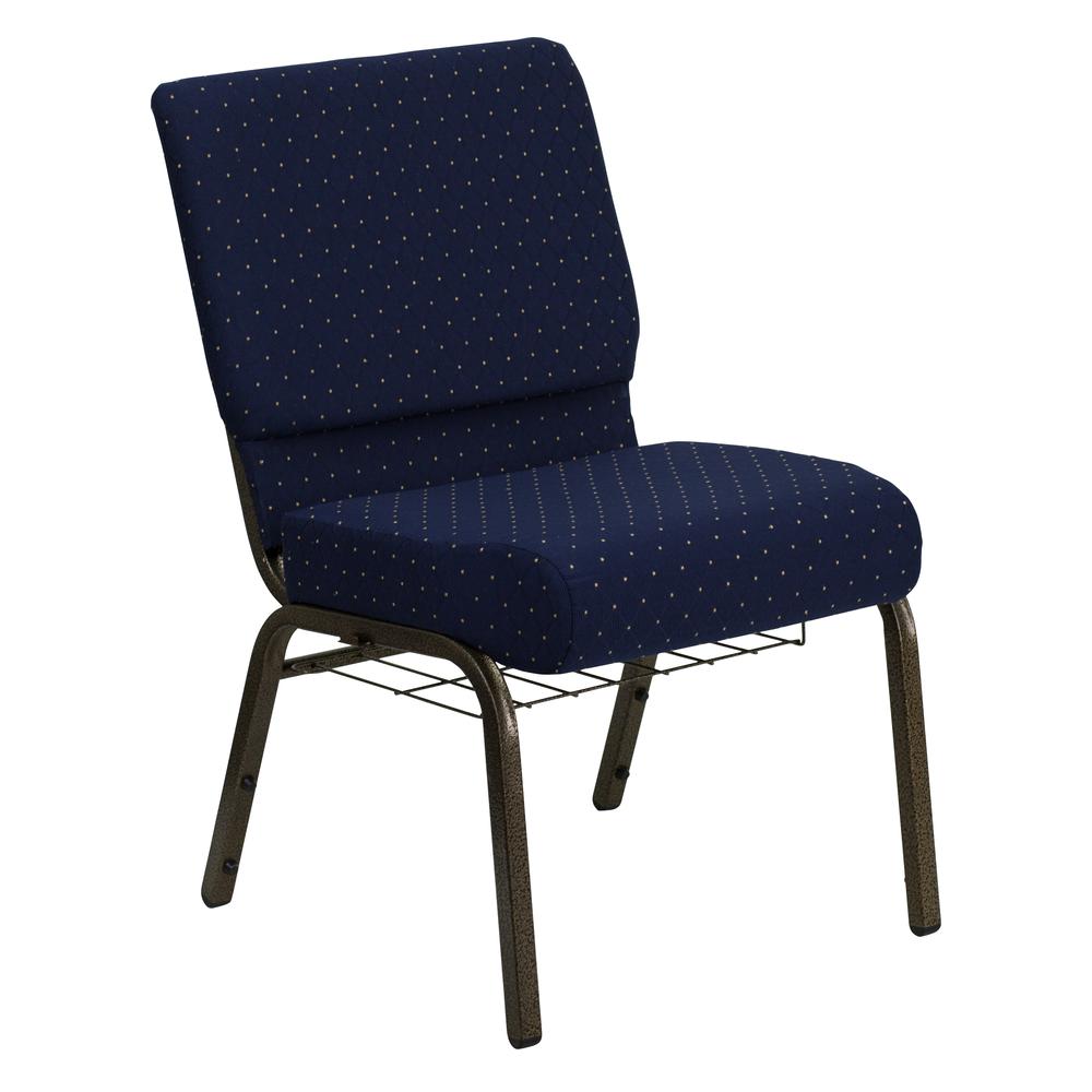21''W Church Chair in Navy Blue Dot Patterned Fabric with Book Rack - Gold Vein Frame. Picture 1
