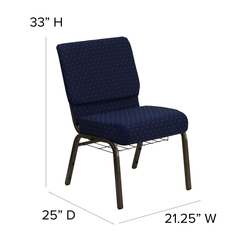 21''W Church Chair in Navy Blue Dot Patterned Fabric with Book Rack - Gold Vein Frame. Picture 2