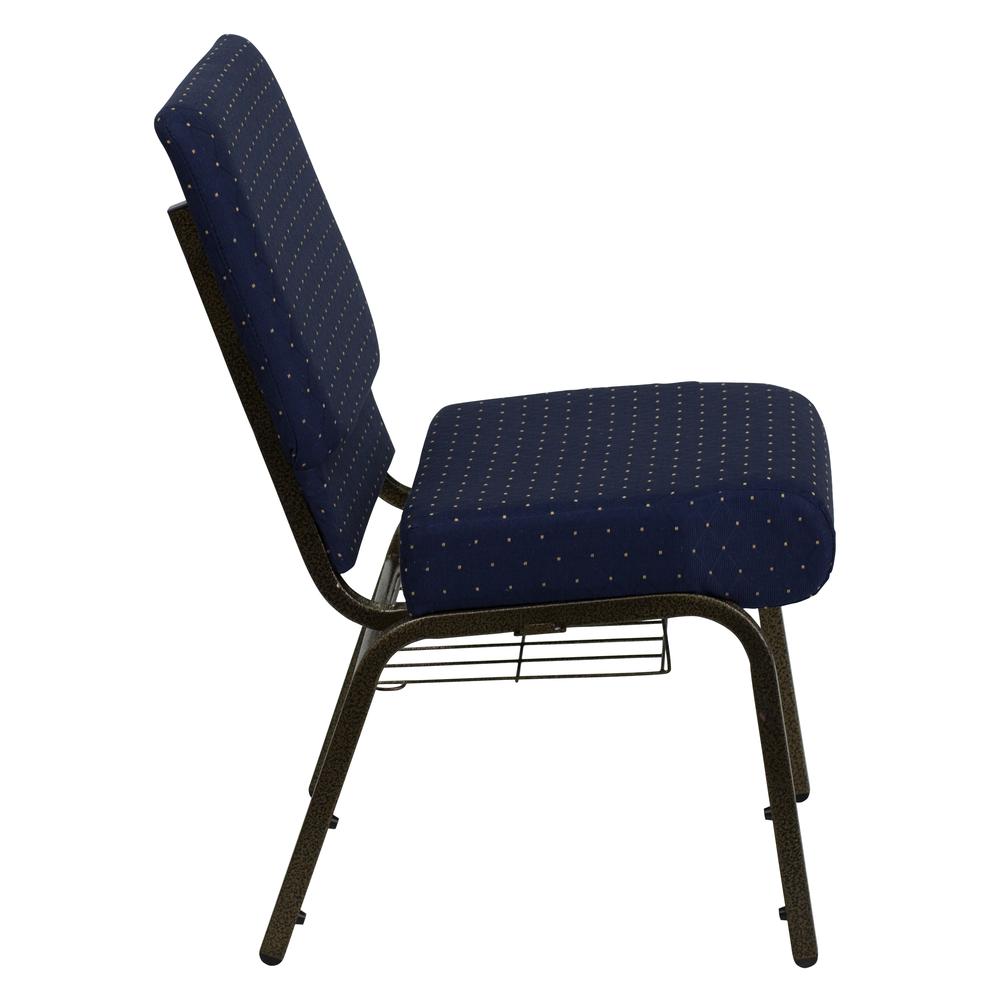 21''W Church Chair in Navy Blue Dot Patterned Fabric with Book Rack - Gold Vein Frame. Picture 3