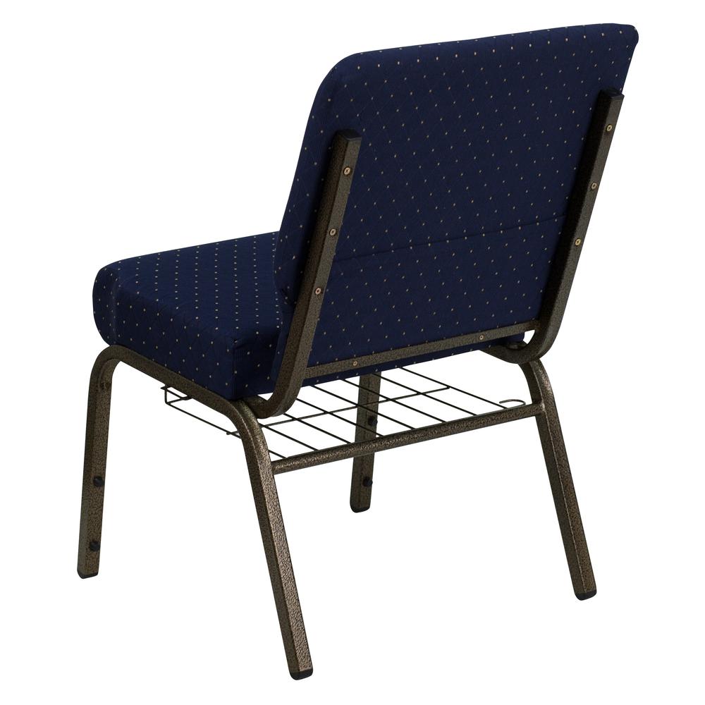 21''W Church Chair in Navy Blue Dot Patterned Fabric with Book Rack - Gold Vein Frame. Picture 4