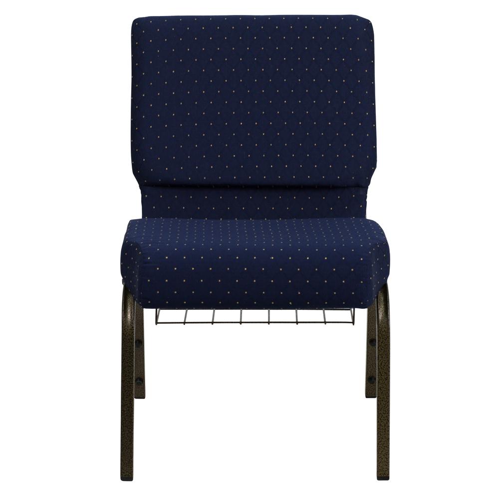 21''W Church Chair in Navy Blue Dot Patterned Fabric with Book Rack - Gold Vein Frame. Picture 5