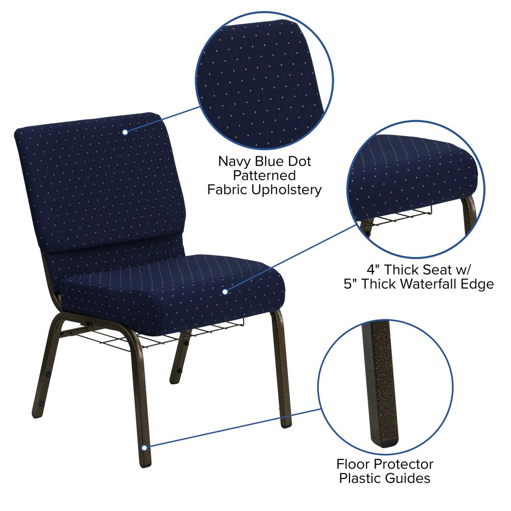 21''W Church Chair in Navy Blue Dot Patterned Fabric with Book Rack - Gold Vein Frame. Picture 6