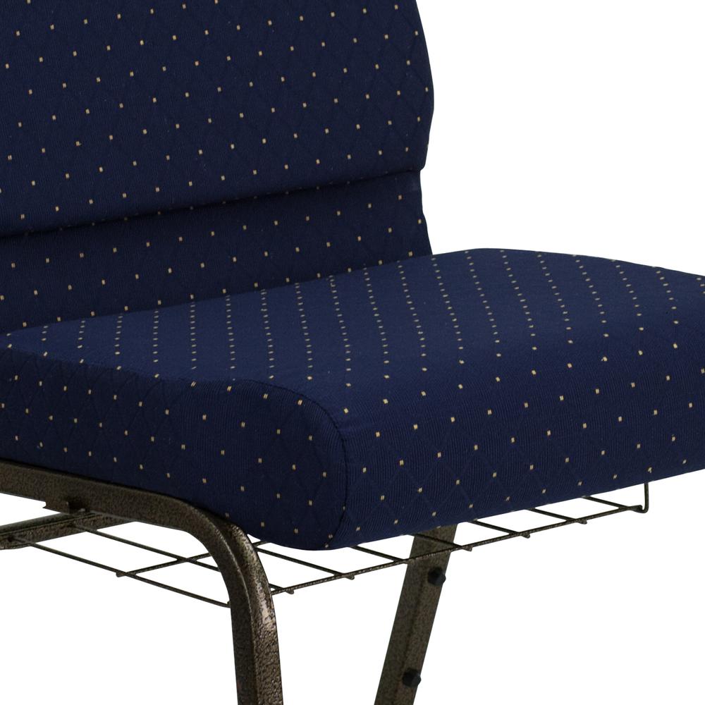 21''W Church Chair in Navy Blue Dot Patterned Fabric with Book Rack - Gold Vein Frame. Picture 7