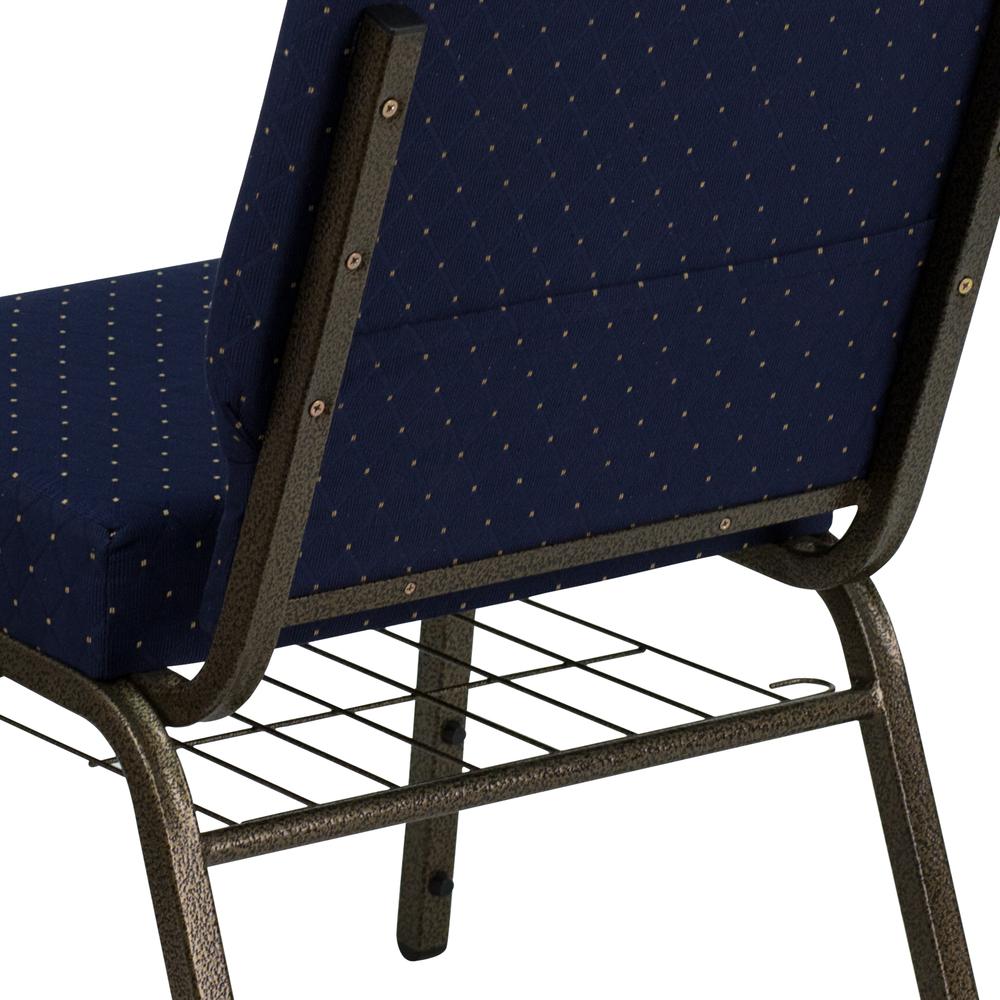 21''W Church Chair in Navy Blue Dot Patterned Fabric with Book Rack - Gold Vein Frame. Picture 8