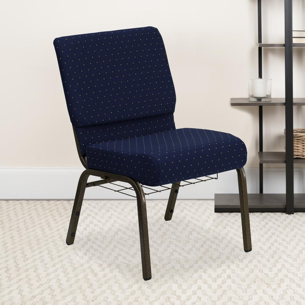 21''W Church Chair in Navy Blue Dot Patterned Fabric with Book Rack - Gold Vein Frame. Picture 9