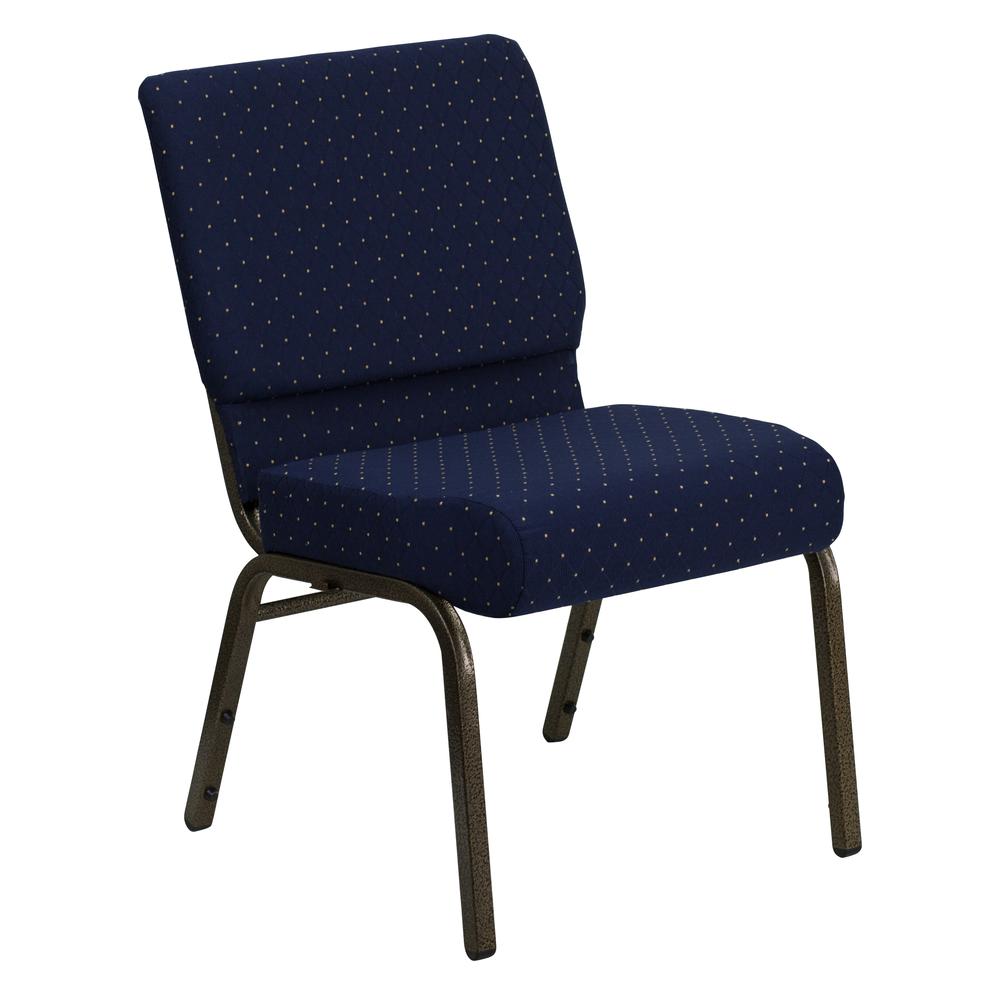 21''W Stacking Church Chair in Navy Blue Dot Patterned Fabric - Gold Vein Frame. Picture 1