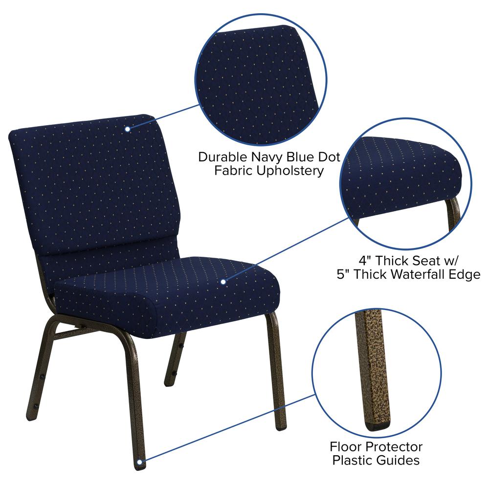 21''W Stacking Church Chair in Navy Blue Dot Patterned Fabric - Gold Vein Frame. Picture 6
