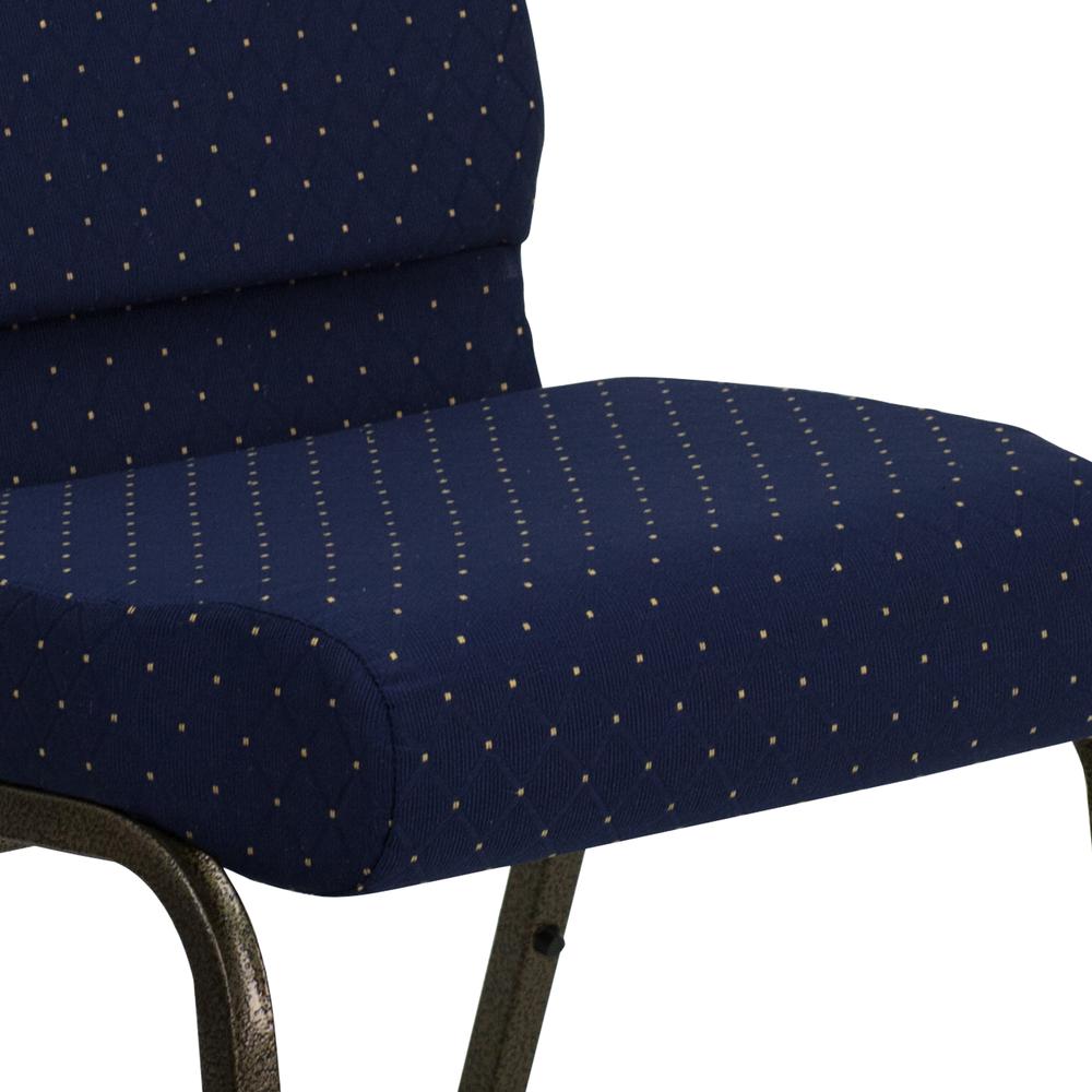 21''W Stacking Church Chair in Navy Blue Dot Patterned Fabric - Gold Vein Frame. Picture 7