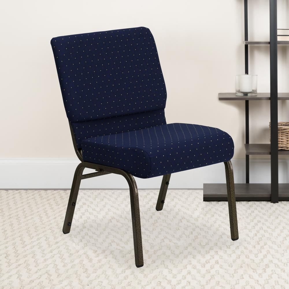 21''W Stacking Church Chair in Navy Blue Dot Patterned Fabric - Gold Vein Frame. Picture 9