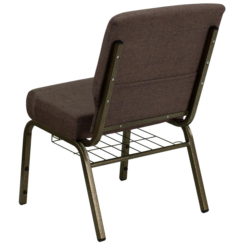 21''W Church Chair in Brown Fabric with Cup Book Rack - Gold Vein Frame. Picture 3