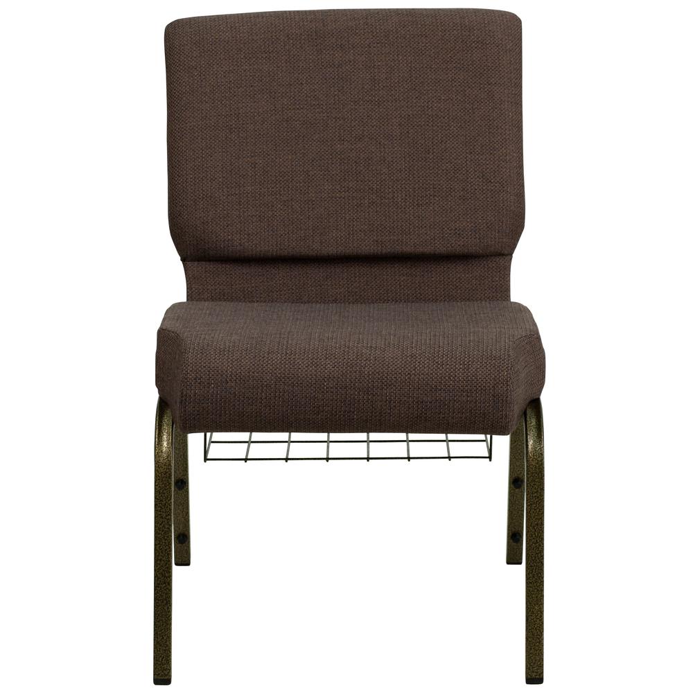 21''W Church Chair in Brown Fabric with Cup Book Rack - Gold Vein Frame. Picture 4
