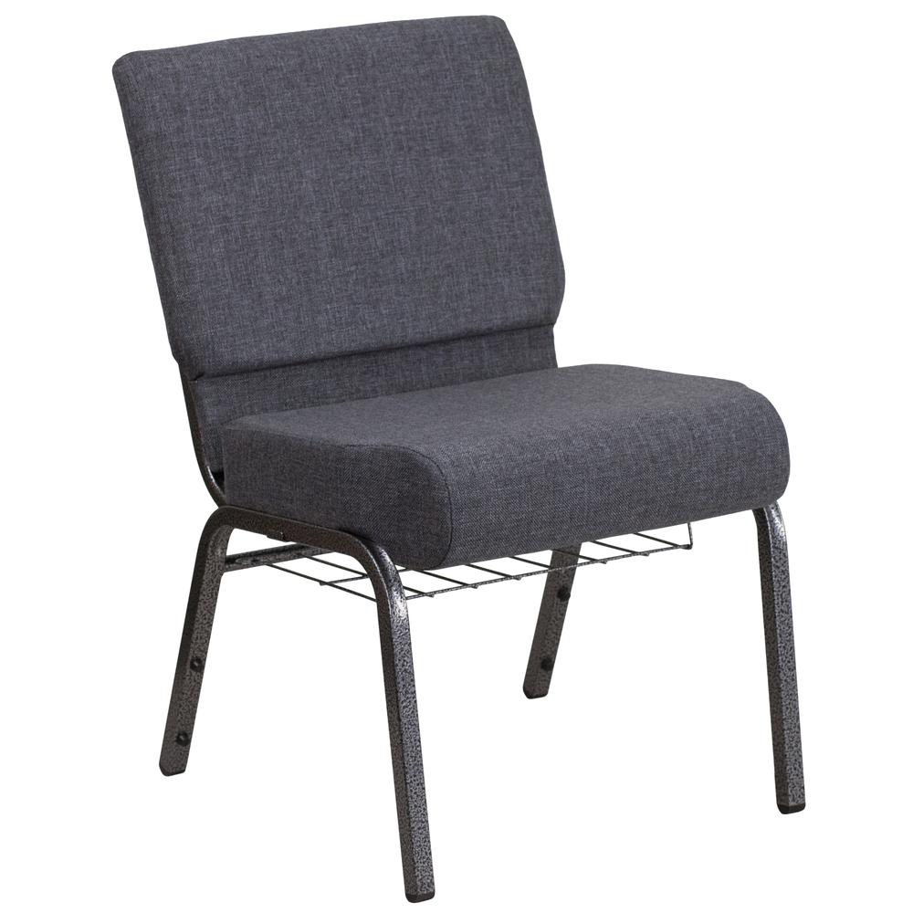 21''W Church Chair in Dark Gray Fabric with Book Rack - Silver Vein Frame. Picture 1