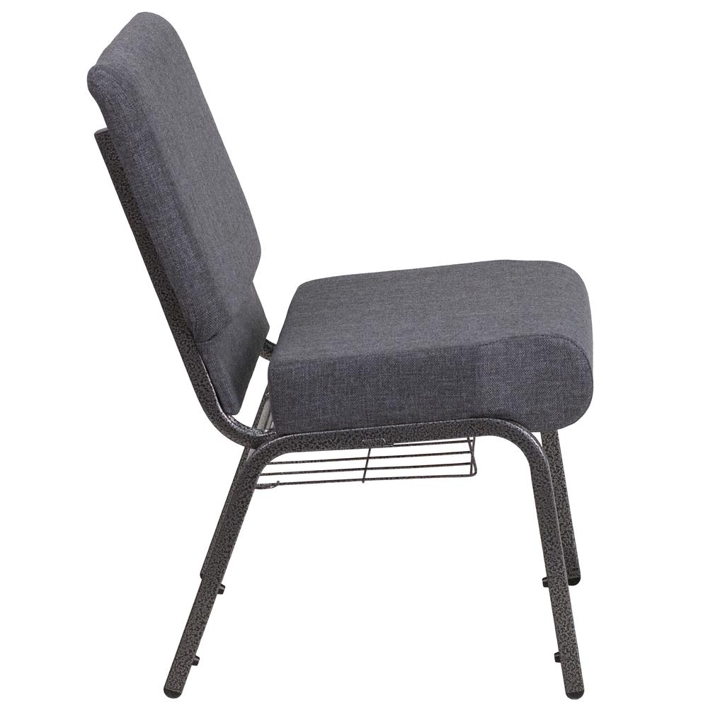 21''W Church Chair in Dark Gray Fabric with Book Rack - Silver Vein Frame. Picture 3