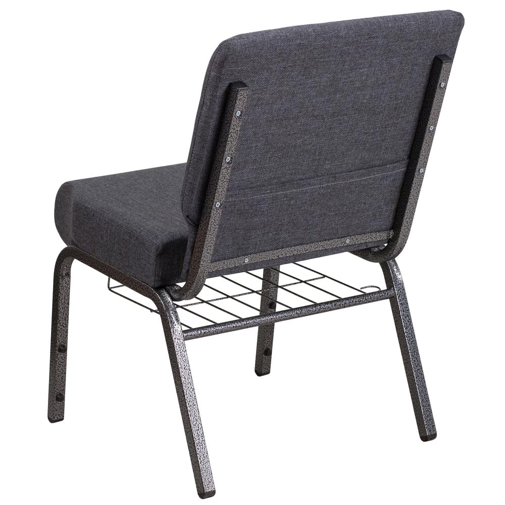 21''W Church Chair in Dark Gray Fabric with Book Rack - Silver Vein Frame. Picture 4